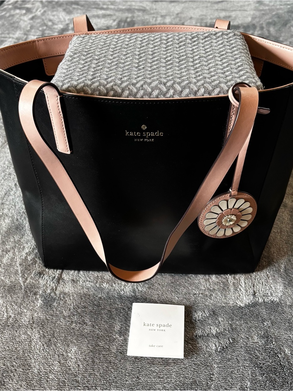 Kate Spade WKRU6061 Black Leather Daisy Tote Bag Pink Interior